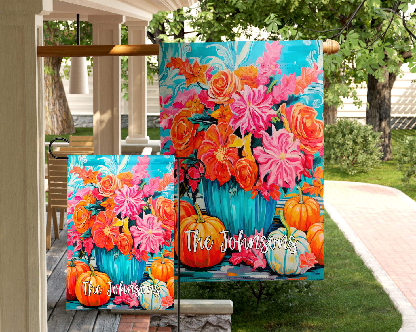 Halloween Garden Flag - Tropical Colored Pumpkin Bouquet