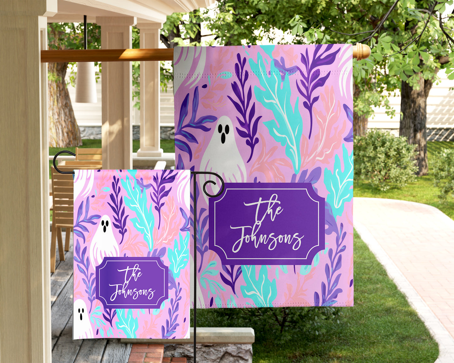 Halloween Garden Flag - Purple and Blue Ghosts