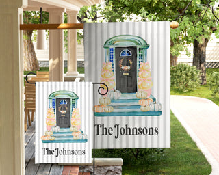 Personalized fall front porch garden flag with pumpkins and autumn wreath, family name "The Johnsons"