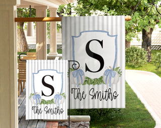 Personalized fall front porch garden flag with pumpkins and autumn wreath, family name "The Johnsons"