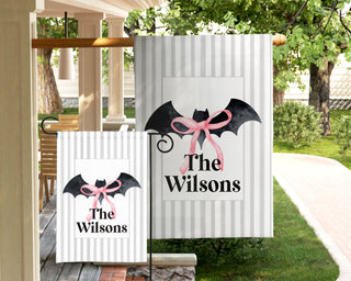 Personalized fall front porch garden flag with pumpkins and autumn wreath, family name "The Johnsons"