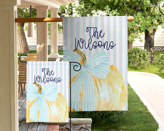 Personalized fall garden flag with watercolor yellow pumpkin and blue striped bow – custom family name outdoor autumn décor