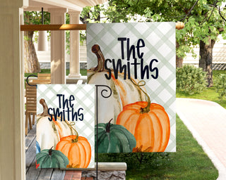 Personalized fall pumpkin garden flag with green and orange gourds, rustic farmhouse outdoor décor for autumn porch