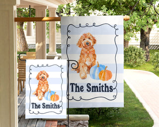 Personalized fall dog garden flag with pumpkins and custom family name