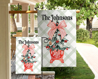 Striped seasonal garden flag featuring fall puppy design and personalized text