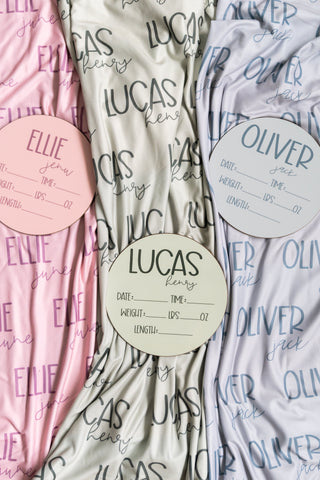 Soft minky personalized baby swaddles with matching headbands and hats, newborn boy gift idea