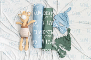 Custom name swaddle set for newborn boys with coordinating hospital hat