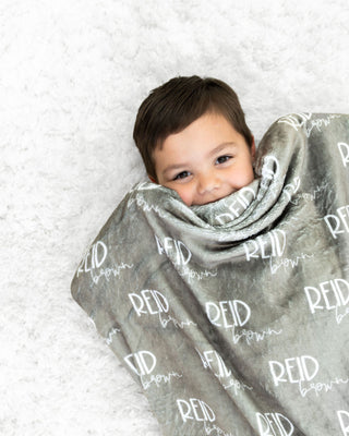 Soft and plush personalized sherpa blanket for babies – featuring repeating name print.