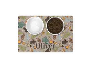 Personalized camping theme pet mat with custom dog name Oliver, featuring bears, tents, and campfire design