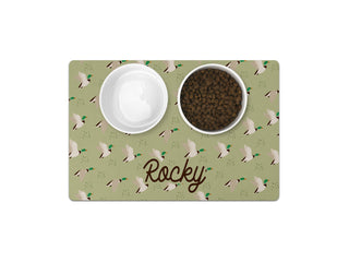 Custom pet mat featuring mallard ducks and waterfowl design, personalized with your pet’s name