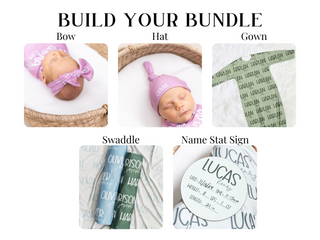 Dark teal personalized swaddle blanket with modern font and matching hat