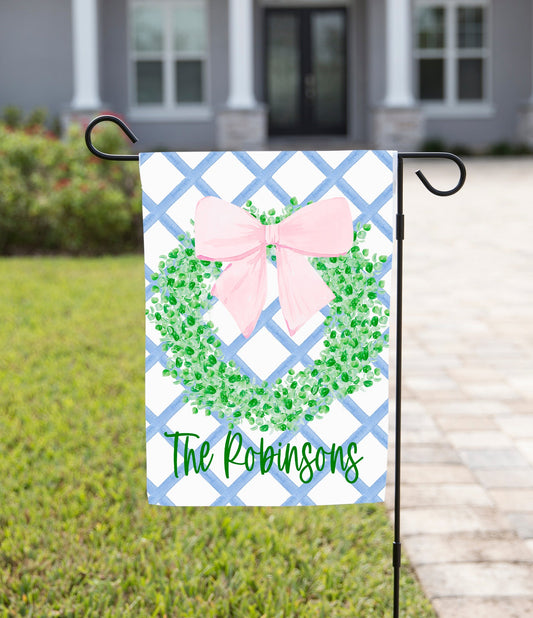 Spring Garden Flag - Green Wreath with Pink Bow
