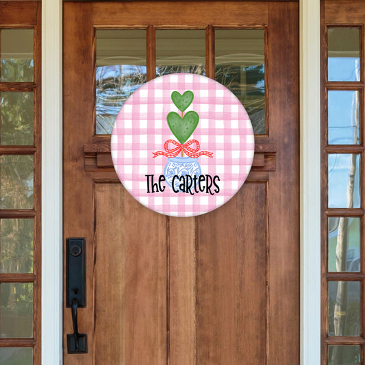 Spring Door Hanger | Heart Bushes with Pink Background