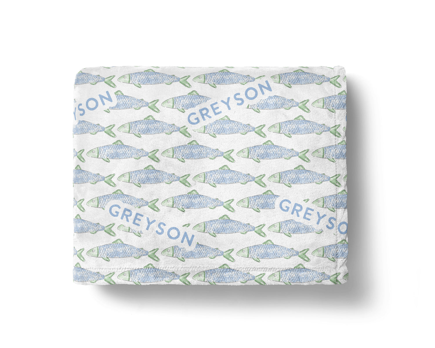 Personalized coastal baby blankets with tropical fish and nautical patterns, custom name printed.
