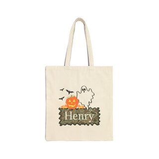 Personalized Halloween tote bags with cute spooky designs including bats, witches, pumpkins, ghosts, and more – custom name printed on each canvas bag for trick-or-treating.