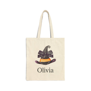 “Personalized Halloween tote bags with cute spooky designs including bats, witches, pumpkins, ghosts, and more – custom name printed on each canvas bag for trick-or-treating.”