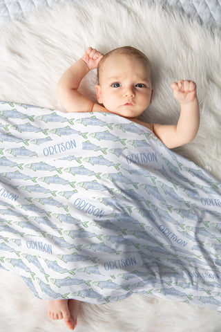 Personalized coastal fish baby blanket with tropical fish design and custom baby name