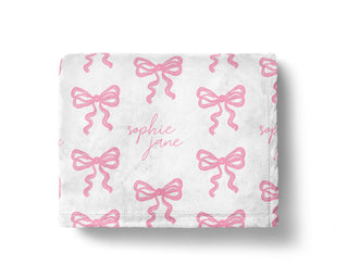 Custom pink bow baby name blanket – luxe sherpa or minky, perfect baby shower gift for girls