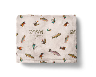 Personalized fly fishing baby blanket with custom name and watercolor trout pattern