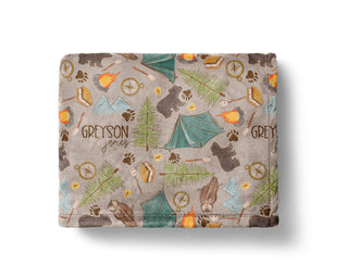 Personalized camping baby blanket with tents, campfire, and custom baby name