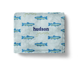 Personalized blue trout fishing baby blanket with watercolor trout and custom baby name