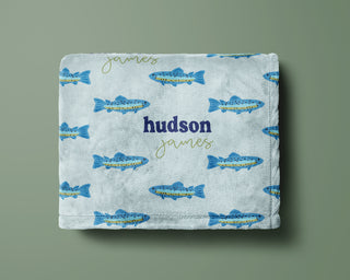 Personalized blue trout fishing baby blanket with watercolor trout and custom baby name
