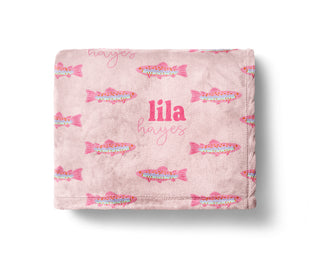 Personalized pink trout fishing baby blanket with watercolor fish and custom name
