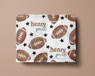 Personalized football baby blanket with brown football and star pattern – custom name sports-themed minky blanket for boys