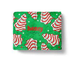 Green minky blanket with whimsical Christmas tree cookies, custom name “Henry James” printed in festive red and gray text.