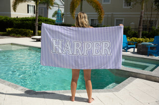 Kids personalized towel with pastel stripes and name, soft beach and pool towel perfect for summer vacations