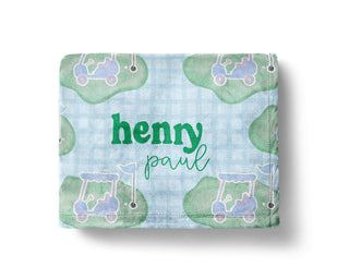 Personalized blue and green golf baby blanket with golf design and custom name