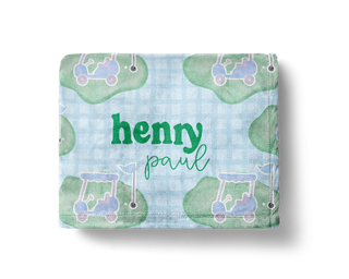 Personalized blue and green golf baby blanket with golf design and custom name