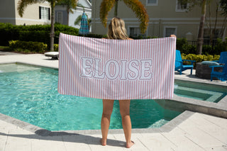 Custom kids beach towel with pastel stripe pattern and name, stylish preppy towel for pool days and travel