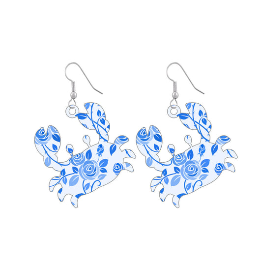 Blue Floral Acrylic Crab Earrings