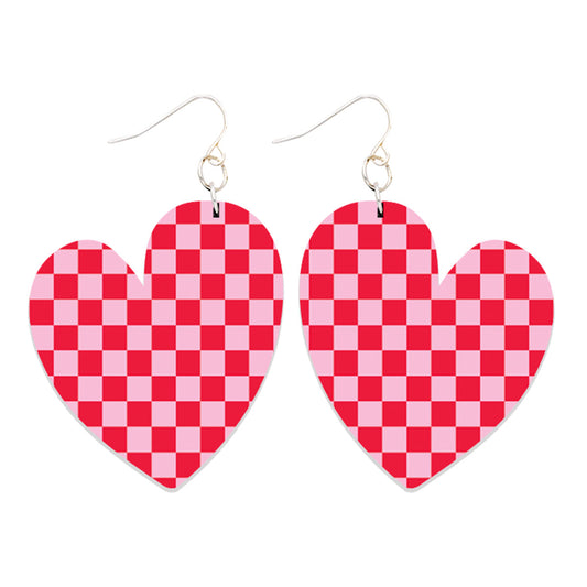 Red & Pink Check Acrylic Full Heart Earrings