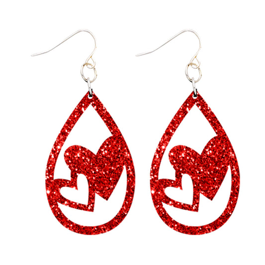 Red Glitter Acrylic Heart Teardrop Earrings