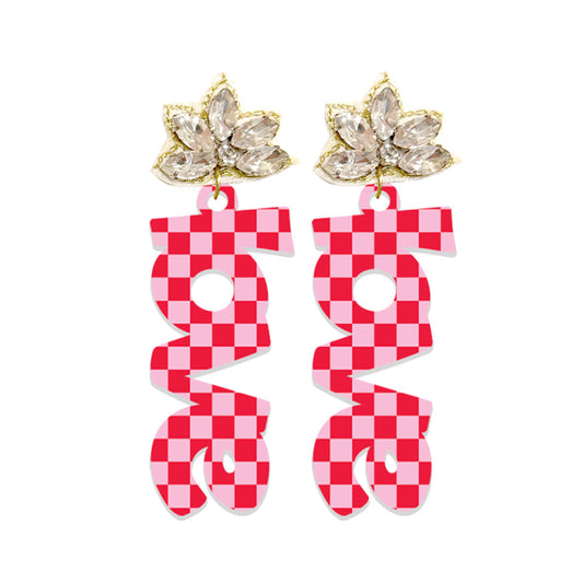 Red & Pink Check Acrylic Love Earrings