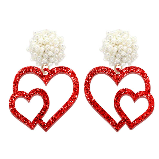 Red Glitter Acrylic Two Heart Earrings