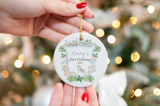 Custom baby boy Christmas ornament with teddy bear, blocks, and personalized name for newborn’s first holiday keepsake.