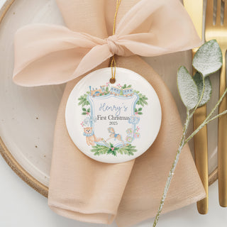 Personalized baby boy’s first Christmas ornament 2025 with blue bow, rocking horse, and custom name keepsake.