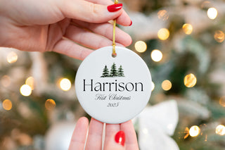 Personalized family Christmas ornament 2025 with evergreen tree design and custom last name Harrison.