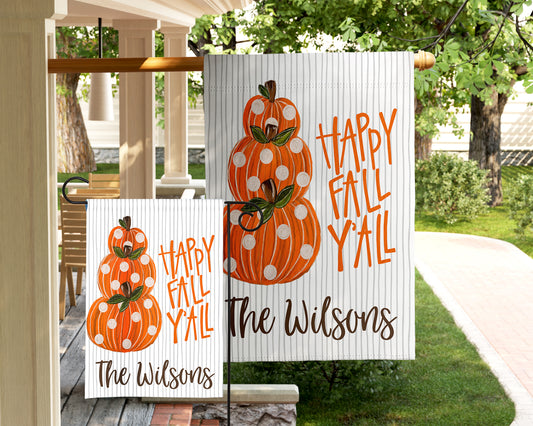 Fall Garden Flag - Polka Dot Happy Fall Y'all Pumpkin Stack