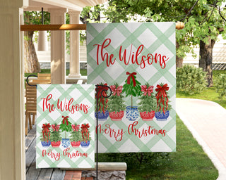 Personalized Christmas Garden Flag - Topiary Christmas Trees