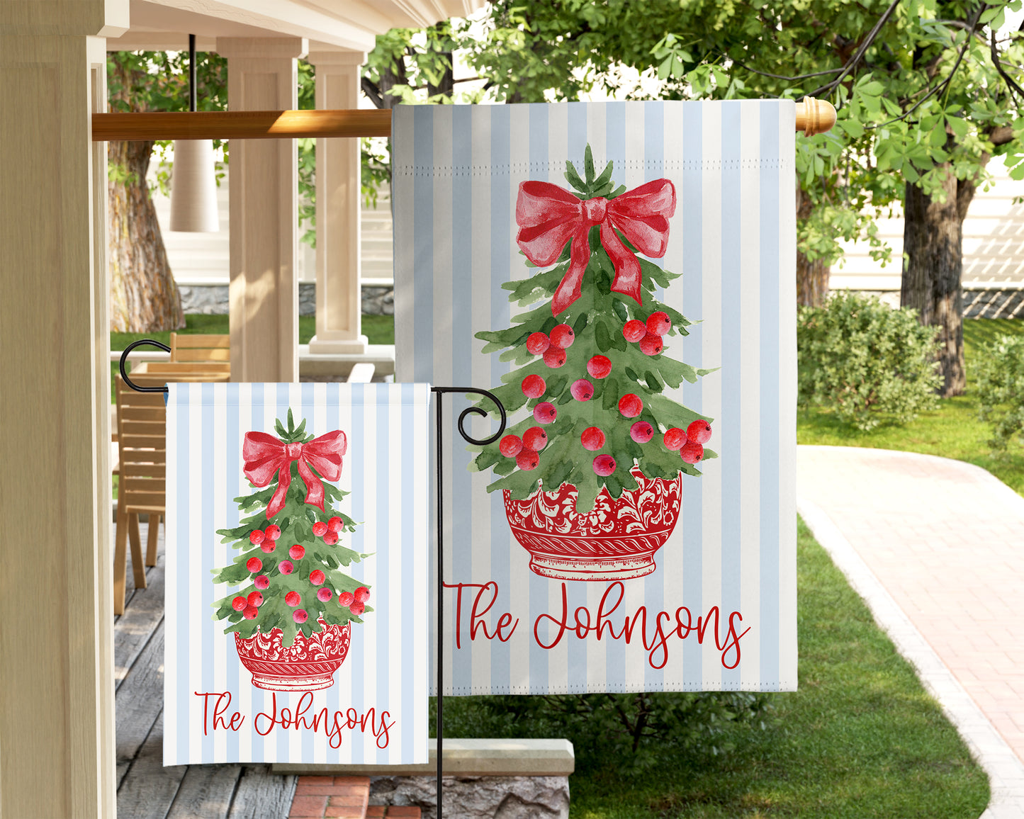 Personalized Christmas Garden Flag - Red Chinoiserie Potted Tree