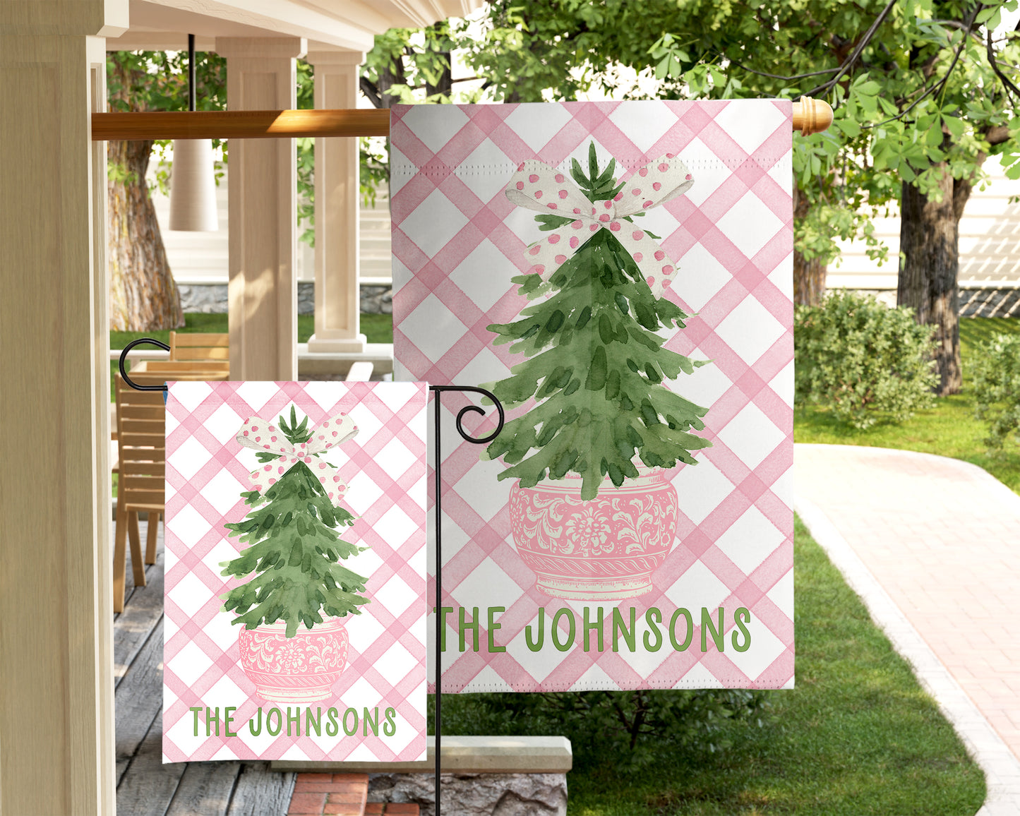 Personalized Christmas Garden Flag - Pastel Pink Christmas Tree