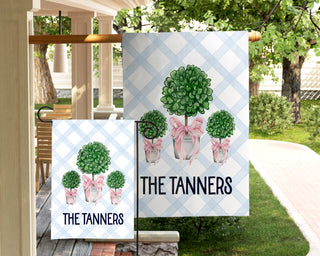 Personalized topiary garden flag with blue gingham border and family name "The Tanners"

