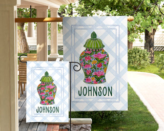 Personalized ginger jar garden flag with colorful floral design and family name "Johnson"