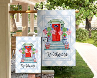 Personalized patriotic front door garden flag with American flags and family name