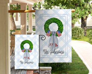 Personalized patriotic front door garden flag with American flags and family name