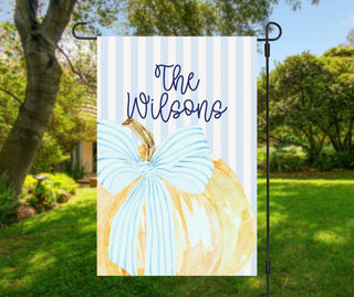 Rustic fall garden flag featuring yellow pumpkin with blue bow – farmhouse-style personalized outdoor décor